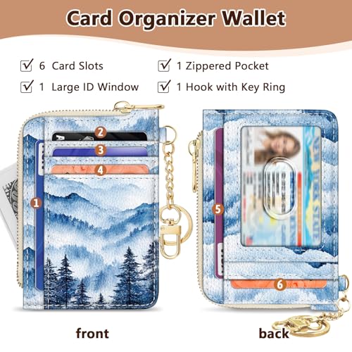 Image of GIANCOMICS Slim Wallet Credit Card Holder Women, Hoarfrost Ink Painting Rfid Small Card Case, Keychain Thin Pocket Curved Zipper Wallet, Travel Card Holder PU Leather ID Window, Ladies Female Gifts