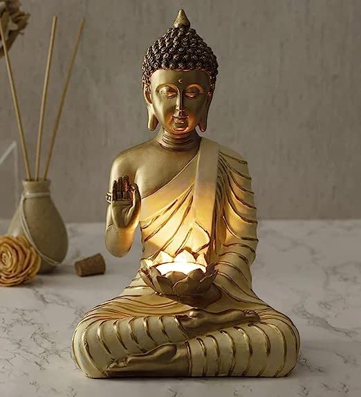 SHREE RAM IMPEX Polystone Lord Buddha Statue with Tealight Polyresin for Home Temple and Office Décor | (Golden Cream, 15X10X26 CM)