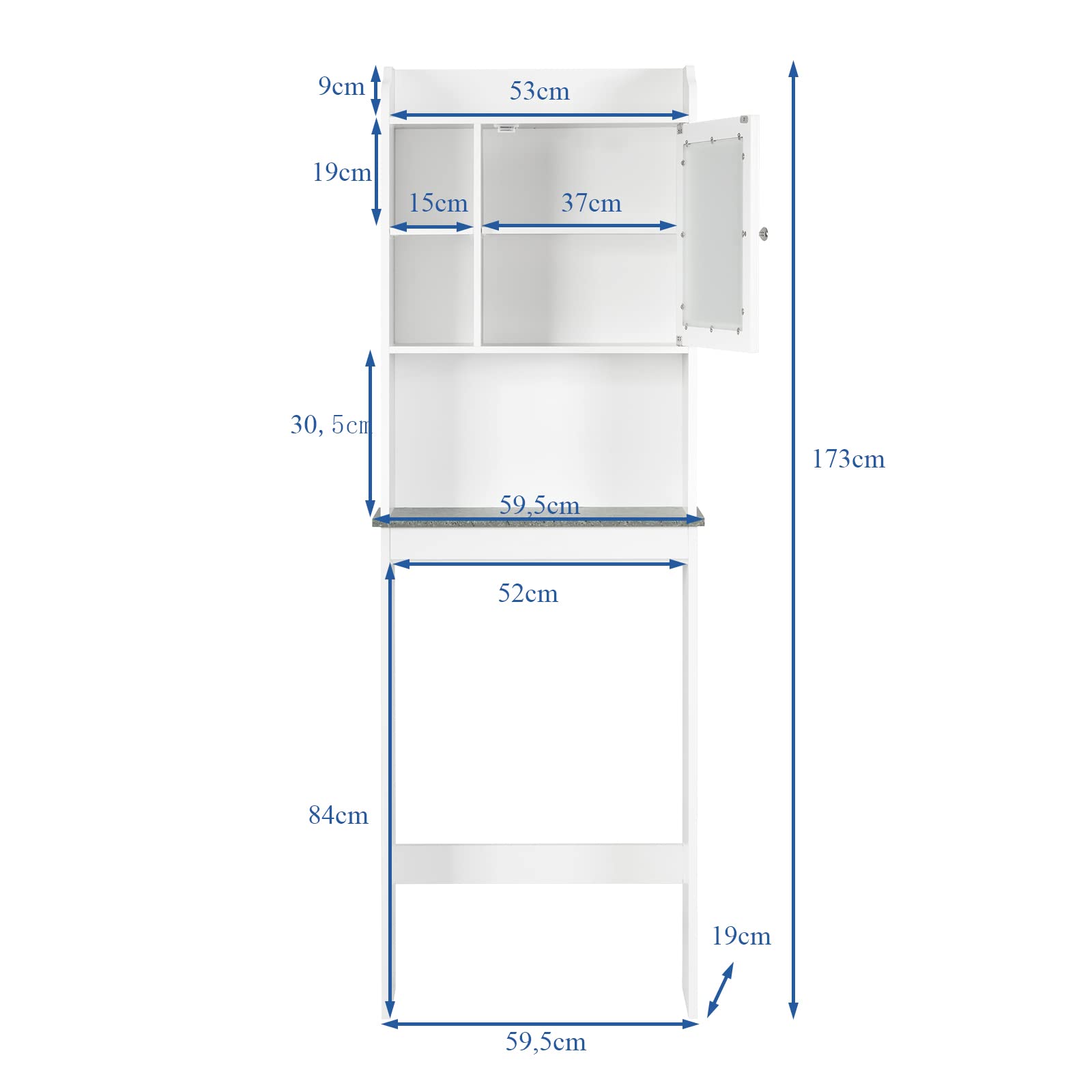 LIFEZEAL Armario para el Inodoro, Organizador sobre WC con Puerta de Cristal Satinado Templado con 4 estantes, Armario de baño Que Ahorra Espacio, 59,5 x 19 x 173cm
