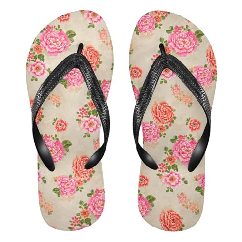 Sinestour Floral Peony Blossom Beige Flip Flops for Beach Thong Sandals Anti-slip Lightweight Beach Slippers for Summer Swim Travel