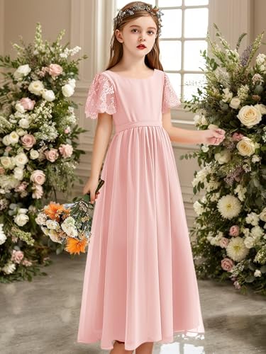 BONOYUER Short Sleeve Junior Bridesmaid Dress for Girls A Line Long Chiffon Formal Party Flower Girl Dress with Belt2