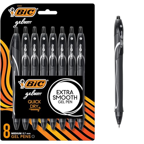 BIC Gelocity Quick Dry Black Gel Pens, Medium Point (0.7mm), 8-Count Pack, Retractable Gel Pens With Comfortable Full Grip