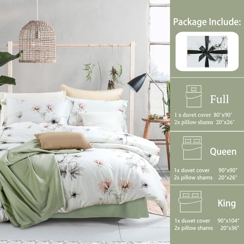 MILDLY 100% Long-Staple Cotton Duvet Cover Set White Green Floral Leaves Pattern Printed Comforter Cover 3pcs, Ultra Soft & Breathable Bedding Set