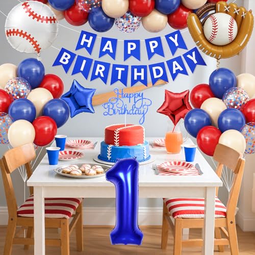 Image of 1st Birthday Decorations for Boys Baseball,Navy Blue Red Nude Balloons | Party Decorations Birthday Banner with Number 1 Baseball Glove Foil Balloons Cake Topper Sport Party Baby Shower