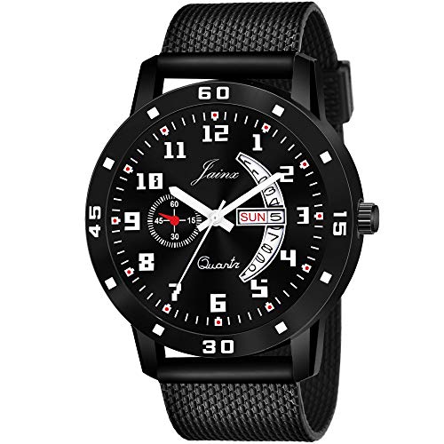 Image of jainx Silicone Strap Day and Date Feature Analog Wrist Watch for Men & Boys (Black /Blue /Radium Color Dial)