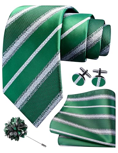 Image of GUSLESON 3.15 inch(8cm) Mens Stripe Tie and Lapel Pin Necktie Hankerchief Cufflinks Set for Men