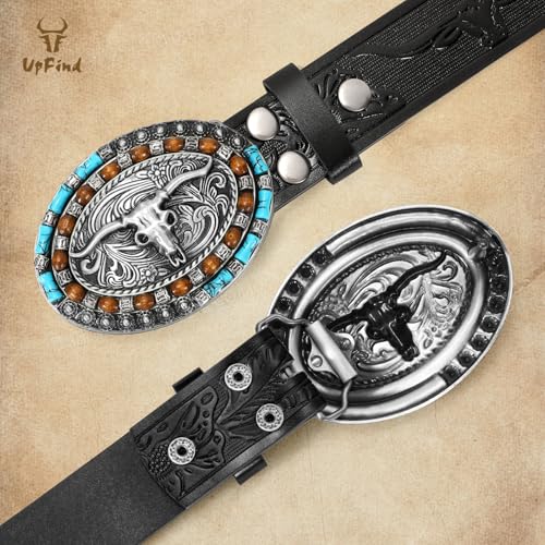 Western Genuine Leather Belt Black Cowboy Belt with Turquoise Longhorn Oval Buckle for Men Women Pants Jeans2
