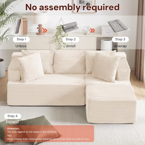 Image of Korser Boneless Couches for Living Room, Cloud Couch Sectional with Ottoman, L-Shaped Sofa with Fluffy Comfy Corduroy Deep Seat, Bedroom, Apartment, No Assembly Required