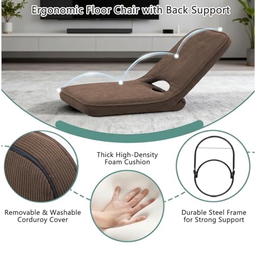 Image of Floor Chair with Adjustable Back Support, Foldable Padded Gaming Floor Seat for Adults & Kids, Multi-Position Meditation Chair with Corduroy Cover for Reading, Gaming & Watching TV (Brown)