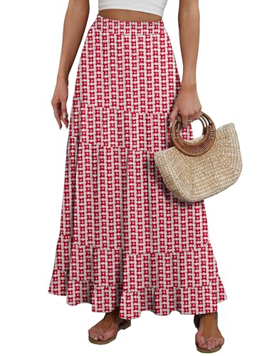 Image of ANRABESS Womens Maxi Skirt Elastic High Waist Swing Tiered A-line Flowy Pleated Boho Beach Vacation Long Skirts