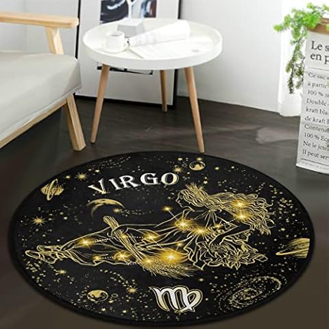 keepcute Constellation Virgo Round Area Rug or Bedroom Living Room Study Playing，Black and Gold Zodiac Tarot Card Non-Slip Floor Mat Carpet3' x 3' Round Cover