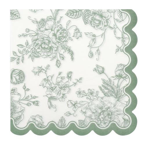 100 Sage Green Floral Paper Napkins Green & White Flowers Disposable Party Napkin 6.5