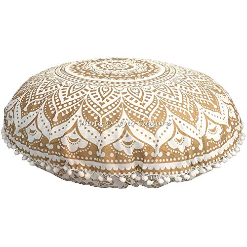 Stylo Culture Indien Rond Housse De Coussin De Sol Yoga 80x80 cm Oreiller De Sol pour Enfants Or Coussins de Yoga Mandala Pom Pom Boho Géant Décoratif Coton...