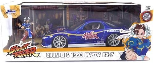 Miniatura 6 de Jada 1993 Mazda RX-7 Candy Blue Metallic con gráficos y Chun-Li Figura fundida a presión Street Fighter Videojuego Anime Hollywood Rides Series 124