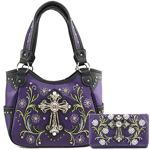 Justin West Rhinestone Cross Summer Flower Embroidery CCW Concealed Carry Shoulder Purse Handbag (Purple Purse Wallet Set)