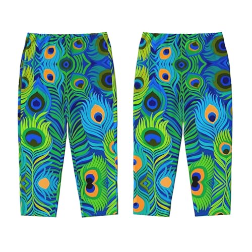 Pajama Pants Pajama Bottoms with Elastic Waistband Sleepwear Lounge PantsGreen Peacock Feathers3