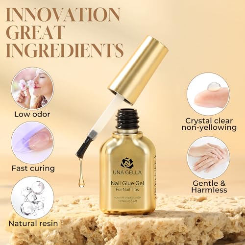 Image of UNA GELLA 6 in 1 Gel Nail Glue for Nails Tips 10ml Long Lasting U V Nail Glue Super Strong Brush On Glue for Base Blooming Gel for Clear False Nail Tips and Press on Acrylic Nails Need Light Cured