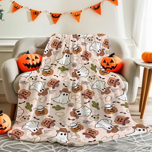 JOCASA Cowboy Halloween Blanket Gifts Flannel Lightweight Soft Cozy Halloween Cowboy Cactus Ghosts Blankets Throws Bedding Couch Sofa Bedroom Travel Girls Boys 50