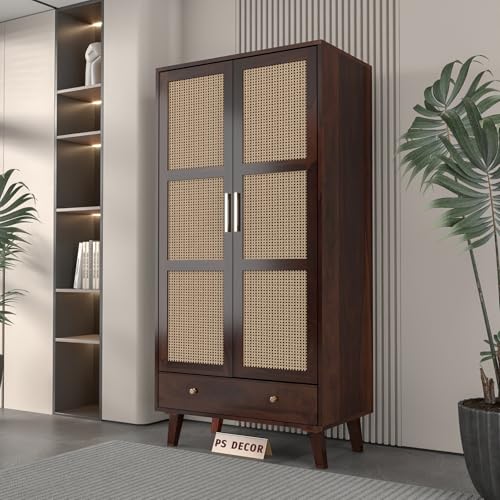 Image of PS DECOR Solid Sheesham Wood Wardrobe with Cane Rattan Doors | Modern Wooden Storage Almirah with Drawer | 2 Door Clothes Cabinet for Bedroom & Living Room (Walnut Finish)