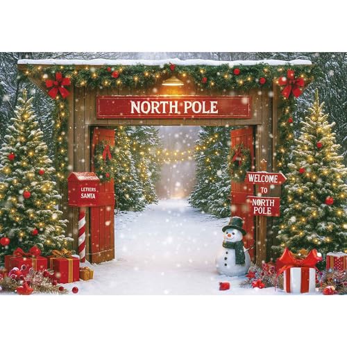 Fluzimir Christmas Photography Backdrop 10x8ft Rustic Snowy Forest Barn Door with Xmas Tree North Pole Winter Scene Fabric Photo Background for Family Party Baby Holiday Photos