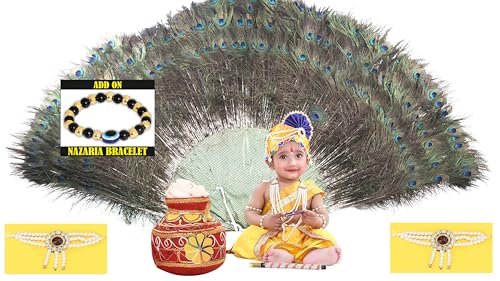 Image of Krishna Dress for Kids, Baby Krishna Dress for Janmashtami with Krishna Mukut, Peacock Feather & Flute Embroidered Krishna Costume for Girl & Boy, 3 Months-8 Years