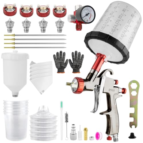 Image of LVLP Automotive Paint Spray Gun R500 Kit, 1.3 /1.5 /1.7 /2.0mm Nozzles LVLP Spray Gun with 600ml Plastic Cup&650ml Disposable Cups& Air Regulator Set, for Painting