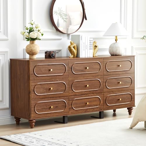 9 Drawer Fluted Dresser for Bedroom, Mid Century Modern Chest of Drawers, Wood Storage Small Dresser Organizer for Bedroom Living Room Hallway Closet, Walnut