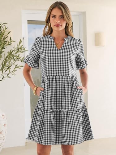 Image of Caracilia Dresses for Women Summer 2026 Striped V Neck Ruffle Sleeve A Line Tiered Flowy Casual Mini Beach Dress with Pockets
