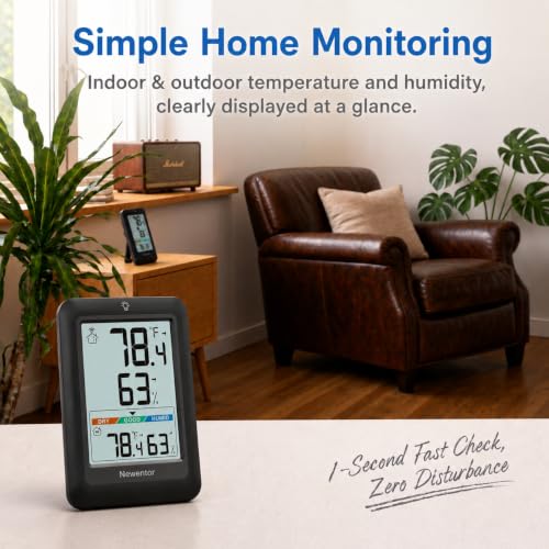 Image of Newentor Indoor Outdoor Thermometer Wireless with 24H /48H /ALL-TIME High Low | Big Number 4 inch Display, Inside Outside Temp & Humidity, Comfort Indicator, Weather Station for House Patio, Black, 2 Sensors