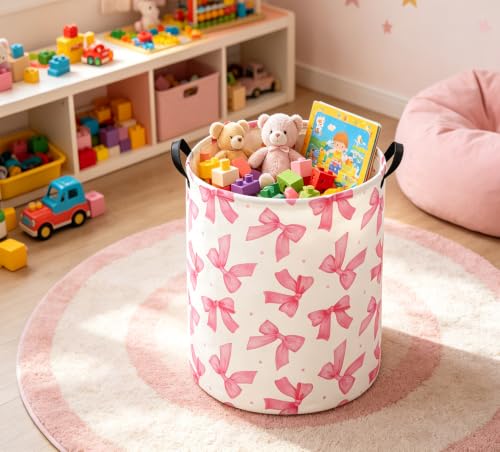 Image of Girls Laundry Basket Baby Nursery Hamper Toy Storage Bin(Pink Bowknots)