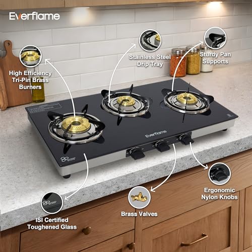 Image of Everflame Iris 3 Burner Gas Stove | Manual Ignition | LPG Gas Stove | SS Frame | Heavy Brass Burner | Toughened Glass | Modern Kitchen Slim Cooktop | 2 Years Product Warranty + Doorstep Service