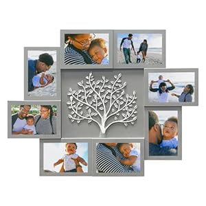 8 Opening Collage Picture Frames for Wall Decor, 4×6 Photo Frame Collage with Tree Decor, Family Tree Collage Picture Frame for Wall, Grey & Silver