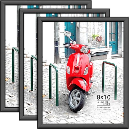 Langdon House - 8x10 Picture Frames - Black 3 Pack - 8 x 10 Modern Plastic Slide-In Photo Frames with Buildable Molding - Table Top or Wall Mount - Non-Trace Nails Included - Prima Collection