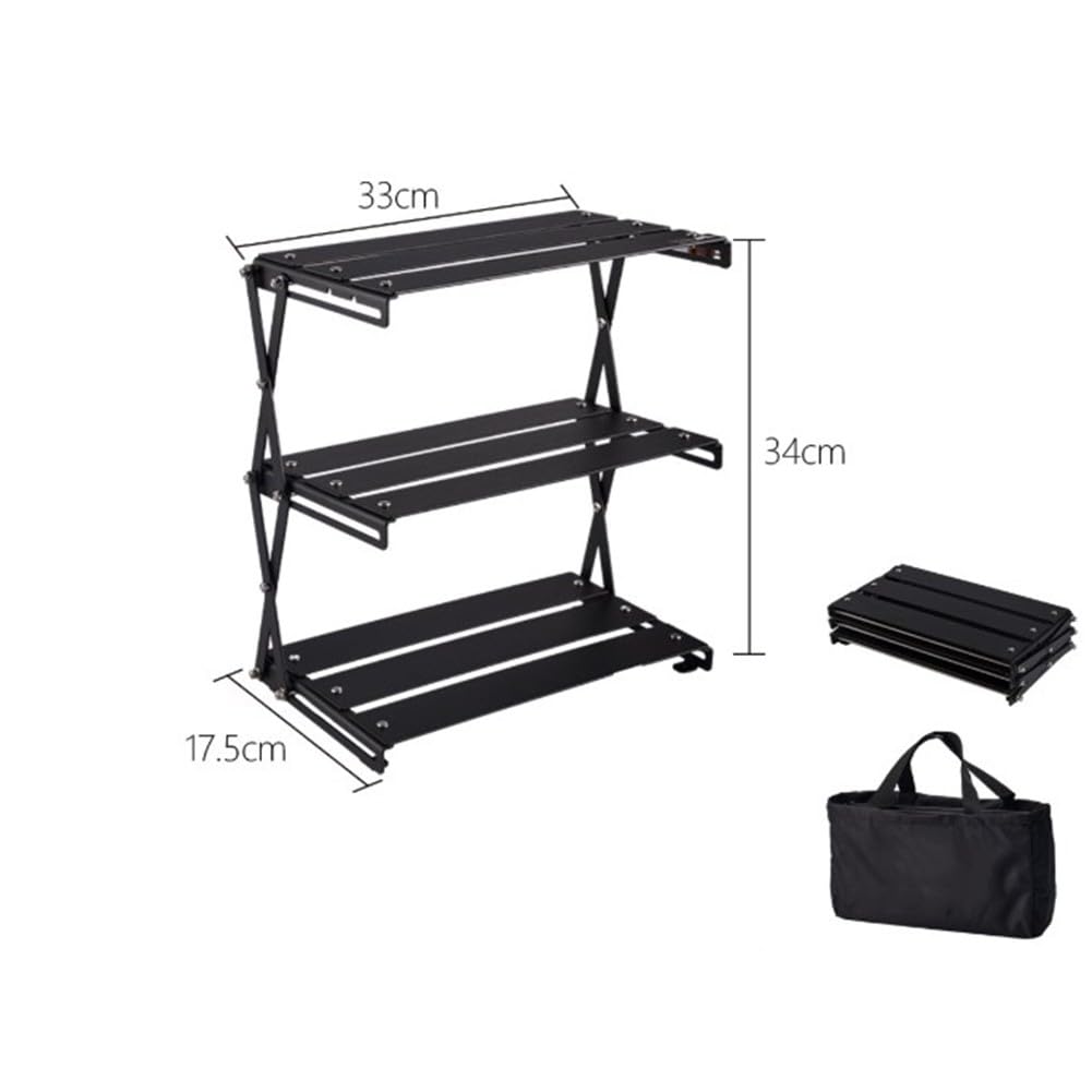 Scaffale portatile a 3 strati per campeggio all'aperto, mensola pieghevole in metallo picnic barbecue, per organizer compatto nero con borsa per il trasporto