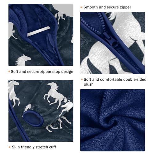 White Horses on Navy Toddler Fleece Jacket Girl Boys Hooded Fleece Jacket Coat Warm Outwear Zip-up 3-10T3