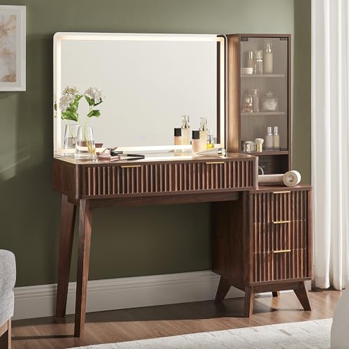 Image of T4TREAM 48 inch Fluted Makeup Vanity Desk with 36 inch Lighted Mirror, Dark Walnut