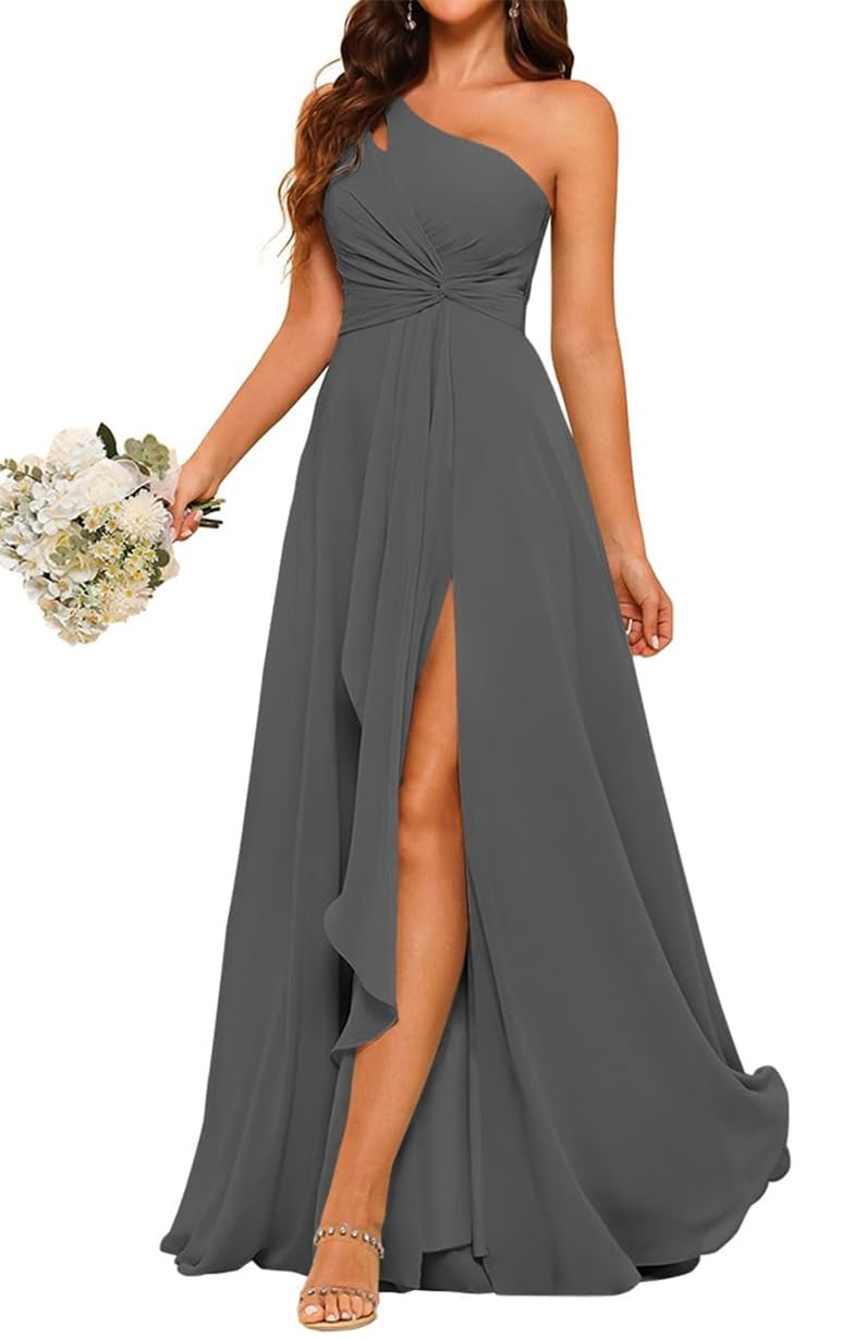 AHERKLL Ruffles Satin Bridesmaid Dresses One Shoulder Party Prom Evening Gowns with Slit Maid of Honor Gown AH116 Gray UK16