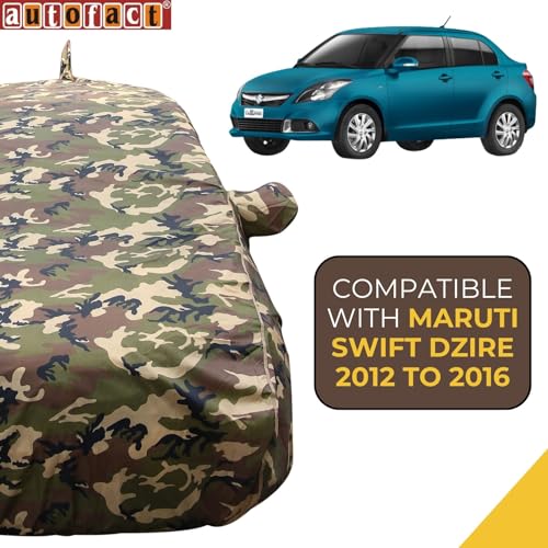 Image of Autofact Waterproof Car Body Cover Compatible with Maruti Swift Dzire (2012 to 2016), with Mirror and Antenna Pockets,4x4 American Matty, Long Lasting Material, Camouflage Army Look
