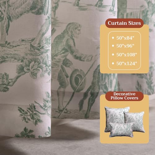 Maison d' Hermine Curtains for living room 100% Cotton 124 inch length Two Panels Light Filtering Toile Curtains for Bedroom Windows with rod and loop Pockets (The Miller Antique Green, 50"W x 124"L)