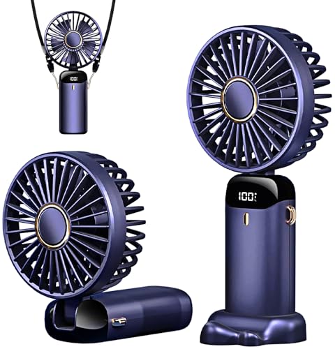 Mini ventilateur portable rechargeable par USB, 5 vitesses, avec écran LED pour voyage, extérieur, maison, bureau, école, camping (bleu)