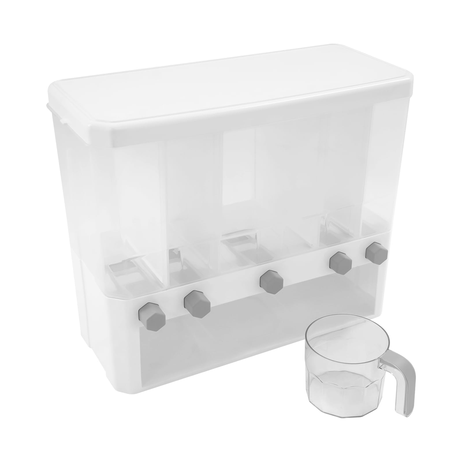 Contenitore per riso a 5 scomparti, dispenser di cereali con misurino e 5 coperchi rimovibili, contenitore per alimenti secchi, portata 15 kg, per riso, pasta, avena, fagioli, cucina, 42 x 19,5 x 35,2
