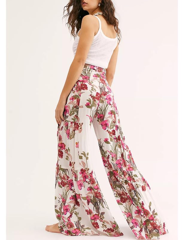Lrady Women Wide Leg Palazzo Lounge Pants Printed Beach Summer Boho Tie-Waist Bell Bottoms Trousers4