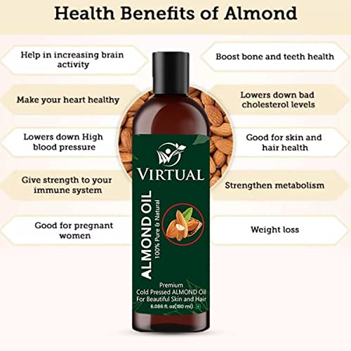 Image of VIRTUAL 100% Pure Almond Hair Oil For Hair, Skin Care, Moisturising Dry Skin Cold Pressed Oil With No Mineral (180ml)