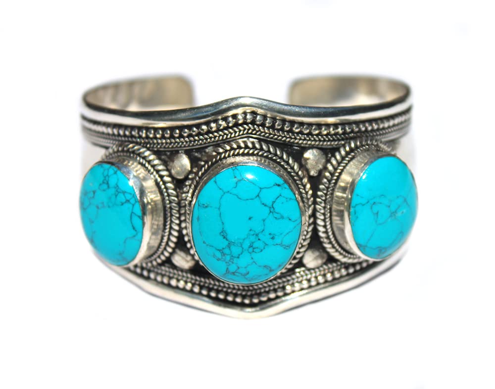 GenericBlue Stabilized Turquoise & Argentium Plated Stainless Steel Adjustable Cuff Bracelet | Boho Jewelry for Men & Women