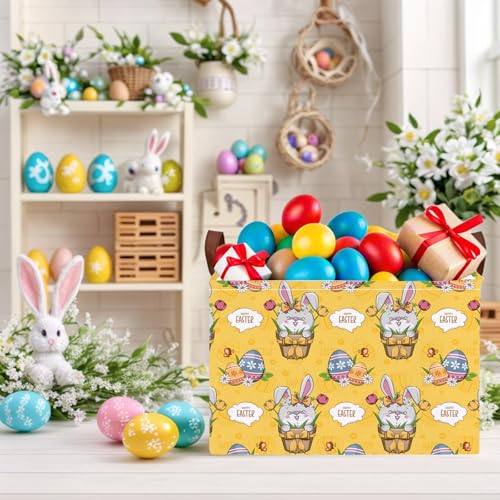Image of Large Cute Easter Basket for Kid Empty Gift Baby Rectangle Storage Bin Bunny Eggs Boy&Girl Room Decor (Tulip Rabbit Yellow)