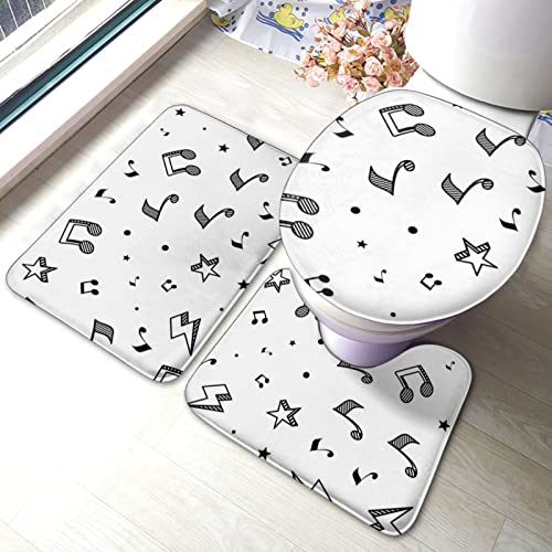 DIRYKILP Badematte + Konturmatte + Toilettendeckelbezug, Süße Musiknote 3 Stück Badematte Set, mit rutschfester Klebeunterseite