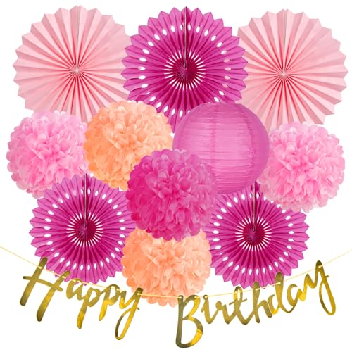Image of SUNBEAUTY Hot Pink Birthday Party Decorations for Girls Women with Happy Birthday Banner Hot Pink Paper Fans Tissue Pom Poms Lantern Decorations Birthday Decorations Kit