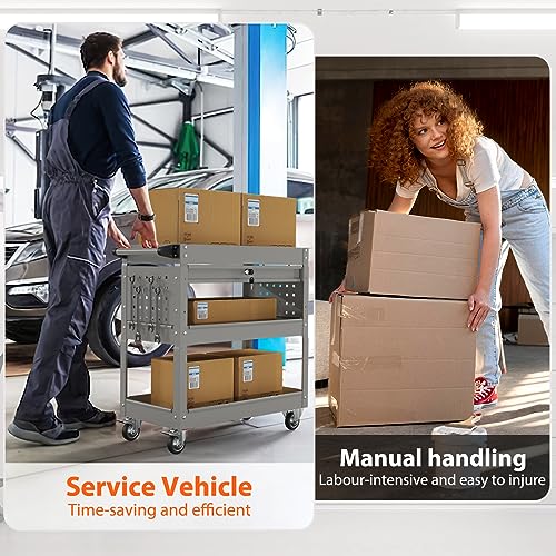 Image of 3 Tier Heavy Duty Rolling Tool Cart with Drawers, Large Storage Utility Cart on Wheels for Garage, Warehouse, Repair Shop (Gray)