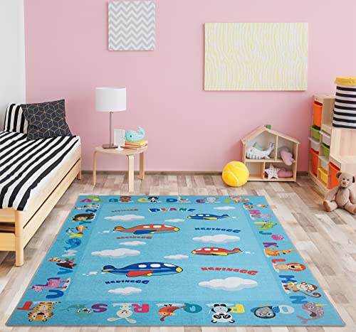 Ottomanson Machine Washable Wrinkle Free Planes Design Cotton 4X6 Kid's Area Rug For Playroom, Kid's Room, Bedroom, Kindergarten, 4' X 6', Blue #TOP3