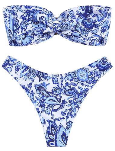 Image of ZAFUL Women's Bandeau Bikini O Ring Strapless Tie Back High Cut Two Piece Swimsuit Bathing Suits